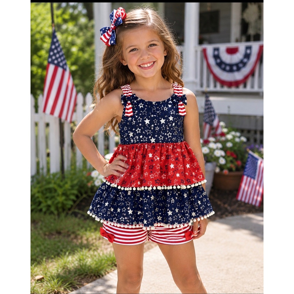 Little Lass Girls 2 Piece Patriotic Star Ruffle Outfit Set Sz 6 NWT 4th of July